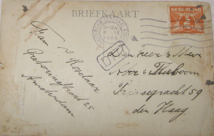 Briefkaart. Achterzijde van de briefkaart, zoals hierboven afgebeeld. Uit het adres blijkt dat het gezin Roselaar nog in de Pretoriusstraat woonde.<br />Zie ook de datumstempel. 