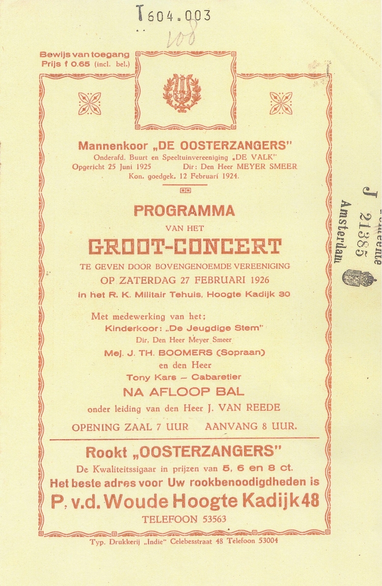 Een groots optreden. Programma voor het “Groot-Concert” van Het Mannenkoor “De Oosterzangers”. Bron: Klein materiaal, inv.nr. 15009 – 22541, SAA. 