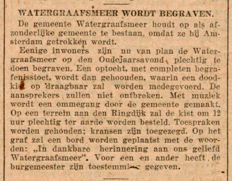 24 december 1920 - Watergraafsmeer wordt begraven  