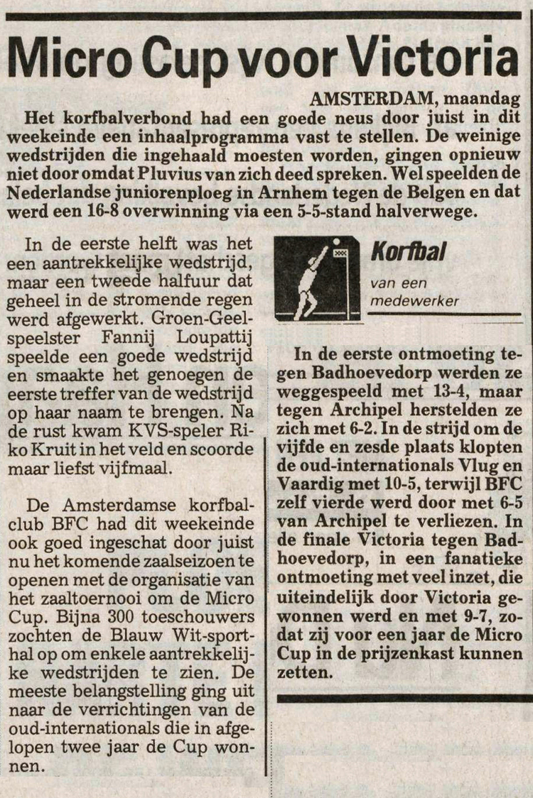 Victoria wint de Micro Cup door te winnen van Badhoevedorp in oktober 1992. .<br />Bron: De Telegraaf 