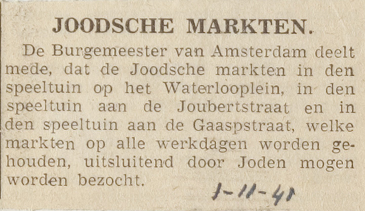 De Telegraaf, 1 november 1941 - Bekendmaking in een vermaard dagblad dat er speciale markten voor Joden zijn. Bron: Joods Historisch Museum 