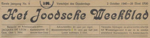 Het Joodsche Weekblad. Het Joodsche Weekblad van "Jacques de Leon".<br />Bron: NIW van 2 oktober 1940, Historishe kranten, KB. 