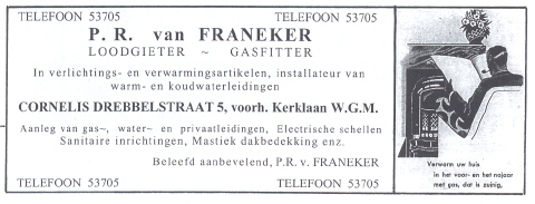  Advertentie Een advertentie uit een kerkelijk blad van de Watergraafsmeer (1923). Er staat op: Cornelis Drebbelstraat 5, voorh. Kerklaan W.G.M. (de straatnaamwijzigingen werden na de annexatie van Watergraafsmeer door Amsterdam uitgevoerd in juli 1922). 