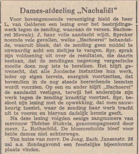 Damesafdeling Nachaliël. NIW 14011938 De zendingsdrang blijft een punt van zorg enaandacht! Bron: NIW van 14 januari 1938. Historische kranten, KB. 