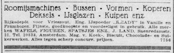 Advertentie voor J. Land i/d Saenredamstraat 21 Uit De Telegraaf van 24 april 1925.  <br />Bron: Historische Kranten, KB. 