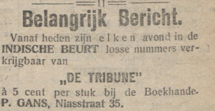Onze krant, De Tribune, nu ook te koop in de Indische Buurt. Bron: De Tribune 20-01-1928 (via Delpher). 
