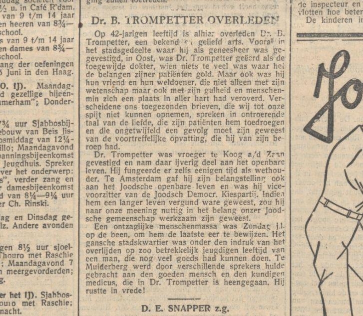 Overlijdensbericht. Dokter Trompetter overleed op 26 maart 1925. Dit artikel is afkomstig uit het Nieuw Israëlitisch Weekblad van 17 februari 1933.  Bron: Historische Kranten, Koninklijke Bibliotheek. 