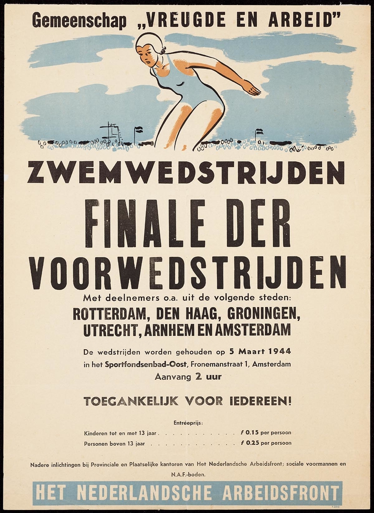Poster van 'het Nederlandse Arbeidsfront' Deze nationaal-socialistische organisatie (vakbond) mocht wel zwemmen in het Sportfondsen en organiseerde bijvoorbeeld zwemwedstrijden voor haar afdelingen. 