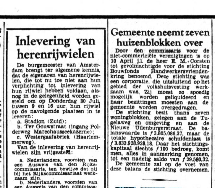 “Inlevering van rijwielen”. Uit: Het volk : dagblad voor de arbeiderspartĳ, van 29-07-1942. Bron: Historische kranten, KB. 