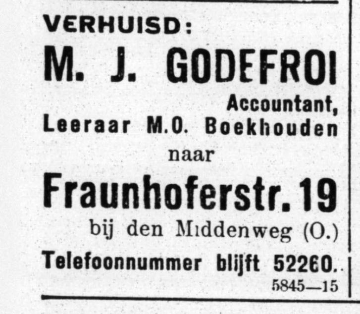 Verhuisbericht van M.J. Godefroi naar Fraunhoferstraat. Uit: Het volk: dagblad voor de arbeiderspartĳ van 17 november 1930,  Bron: Historische Kranten KB. 