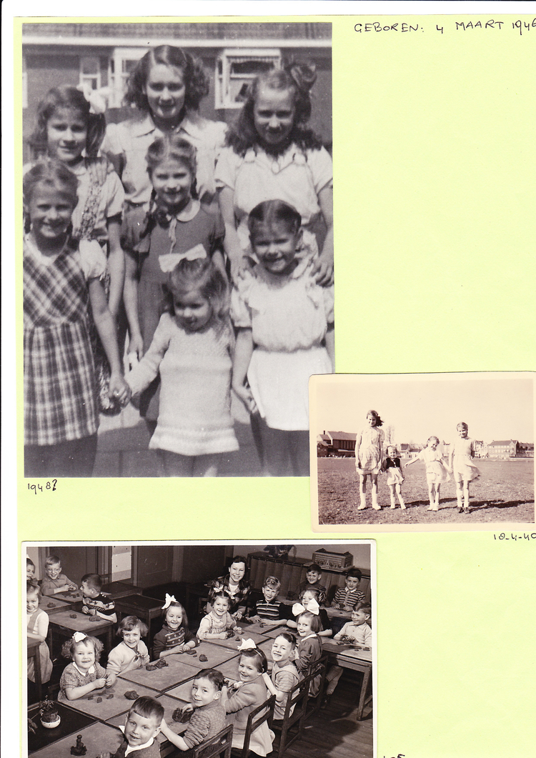  Bovenste foto; alle zusjes Hollanders omstreeks 1948, Tonny staat midden voor met strik.<br />Op de onderste foto de kleuterschool aan het galileïplantsoen, naast de juf zit Tonny. In de linker boven hoek zit Hansje Brugman, met bril. 