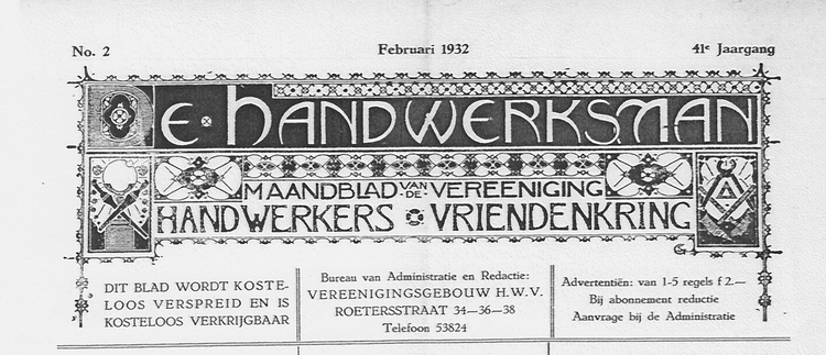 Titelpagina van 'De Handwerksman'. - Deel van de titelpagina van het Maandblad van de Vereniging Handwerkers Vriendenkring, jrg. 41, februari1 1932. 