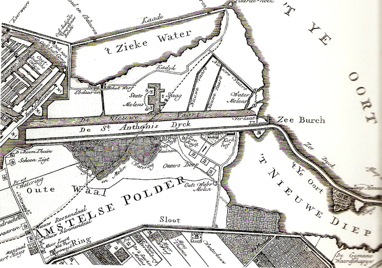 Kaart uit 1770 van het gebied waar de Indische Buurt is gebouwd (Overamstelse Polder tussen de St.Anthonisdijk en de Watergraafsmeer.) .<br />Bron: Zeeburg - Geschiedenis Indische Buurt 