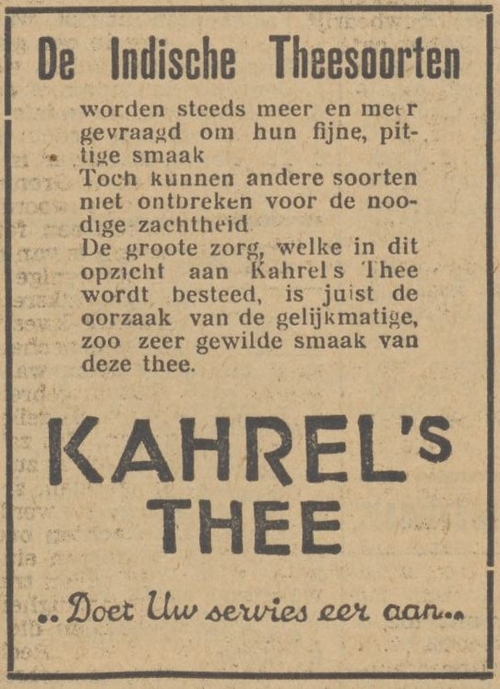 Reclame voor Kahrels Thee. Bron: Nieuwsblad van het Noorden van 05-06-1931 (via Delpher). 