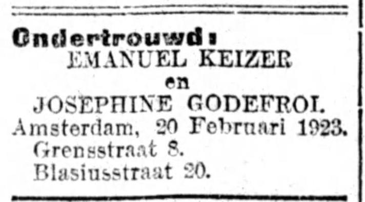 Familiebericht. Aankondiging van de ondertrouw van Emanuel en Josephine.<br />Bron: Het Volk van 20 februari 1923, Historische Kranten, KB. 