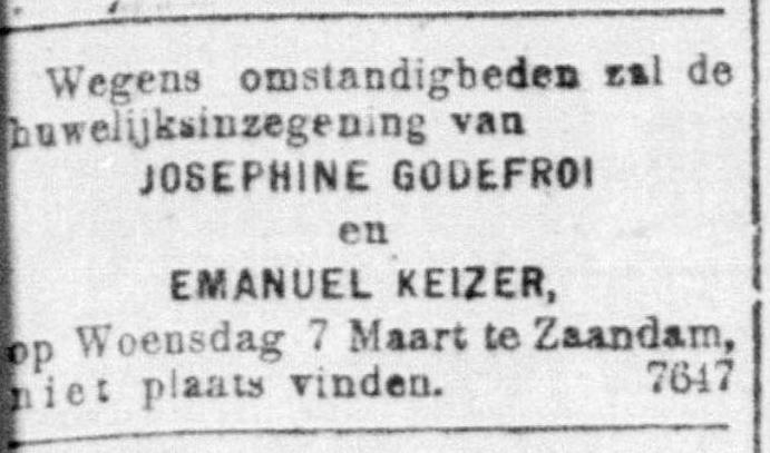 Familiebericht. Aankondiging dat het huwelijk in Zaandam 'niet plaats vinden'. Ze trouwen overigens gewoon in Amsterdam en ook op de 7e maart.<br />Bron: De Telegraaf van 6 maart 1923, Historische Kranten. KB. 