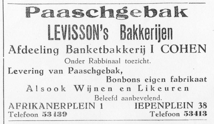 Advertentie. Voor bakker Leevisson die toen, 1931, blijkbaar ook een filiaal had op het Iepenplein. Bron: Nachaliël, maandelijks orgaan van de Joodse buurtverenigng, mrt-apr '31 (Via Bijzondere Collecties Univ. Bibl.). 