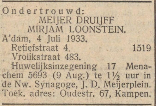 Ondertrouw Meijer Druijff. Meijer Druijff en Mirjam Loonstein 'gaan in ondertrouw'.<br />Bron: het NIW van 7 juli 1933. Historische kranten, KB. 