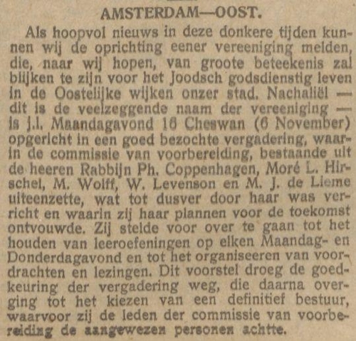 Oprichting Nachaliël. Bericht uit het NIW van 10-11-1922. Bron: Historische kranten, KB. 
