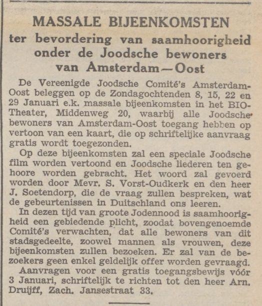 Joodsch Comité Oost. Bron: NIW van 30-12-1938, Historische kranten, KB. 