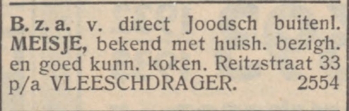Reitzstraat - Vleeschdrager. Bron: Nieuw Israëlitisch weekblad, 08-12-1933 (via delpher). 