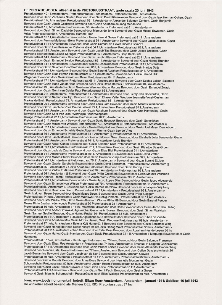 Deportatielijst van de Joden uit de Pretoriusstraat - laatste razzia 1943 deportatielijst Joden uit  Pretoriusstraat, laatste razzia 1943 bron: <br />www.joodsmonument.nl Bron: www.joodsmonument.nl 