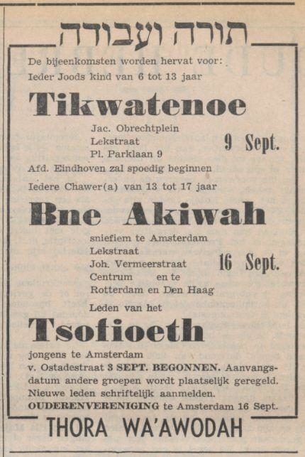 Tikwatenoe bijeenkomst. Advertentie voor Tikwatenoe. Bron: Historische kranten, NIW van 08 09 1950. 