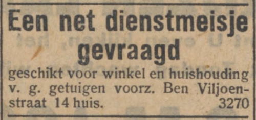 Gezocht: dienstmeisje. Bron: Nieuw Israëlitisch weekblad van 4 oktober 1929 (via Delpher). 