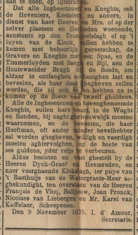 Fragment uit de verordening. Verordening uit 1675 (transcriptie uit De Kleine Meerbode van 14 aug. 1915). 