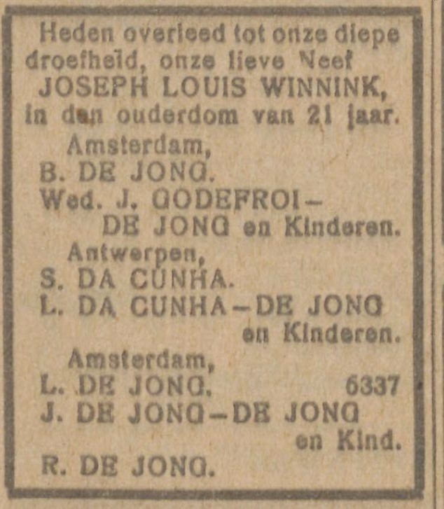 Overlijdensbericht. Namens de familie (o.a. de grootmoeder van 'Jopie'). Bron: NIW van 18 maart 1927. Historische Kranten. KB. 