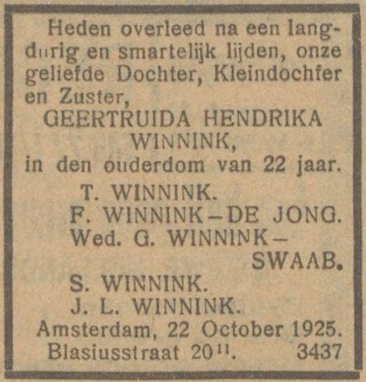 Overlijdensbericht. Familiebericht in het NIW van 23 oktober 1925. Het gaat hier om de dochter van Tobias en Flora Winnink.<br />Bron: Historische Kranten, KB. 