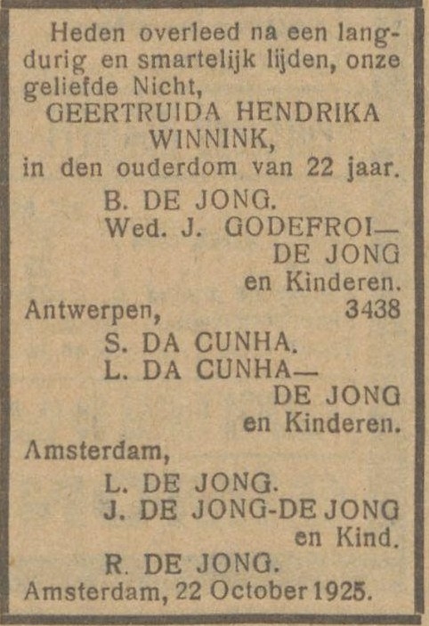 Overlijdensbericht. Namens de familie (o.a. de grootmoeder van Geertuida).<br />Bron: NIW van 23 oktober 1925. Historische Kranten, KB. 