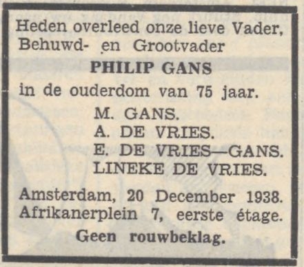 Overlijdensadvertentie voor Philip Gans. Deze advertentie is opgesteld door de familie. Bron: Het Zaans Volksdagblad van 22-12-1938 (via: Delpher). 