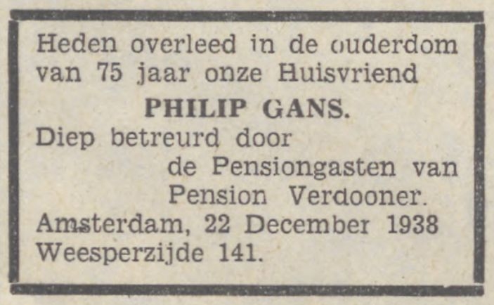 Overlijdensadvertentie voor Philip Gans. Opa Gans overleed in pension Verdooner. Bron: Zaans Volksdagblad van 23-12-1938. 
