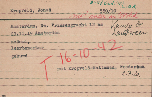  Kaart Joodse Raad van Jonas Kropveld, bron: Arolsen Archives.  