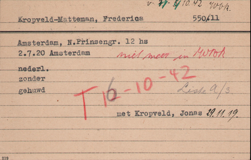 Kaart Joodse Raad van Frederica Kropveld-Matteman ,bron: Arolsen Archives.  