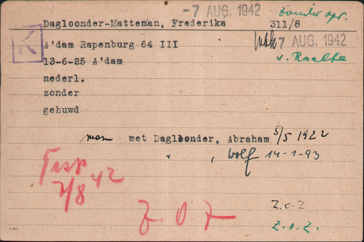 Kaart Joodse Raad van Frederika Dagloonder-Matteman, bron: Arolsen Archives.  
